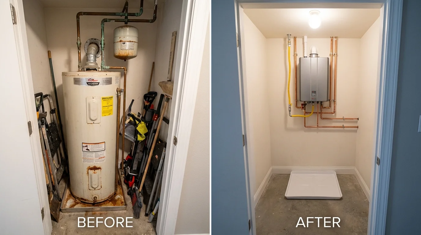 Tank water heater versus wall-mounted tankless unit comparison for Centerville, IA homeowners