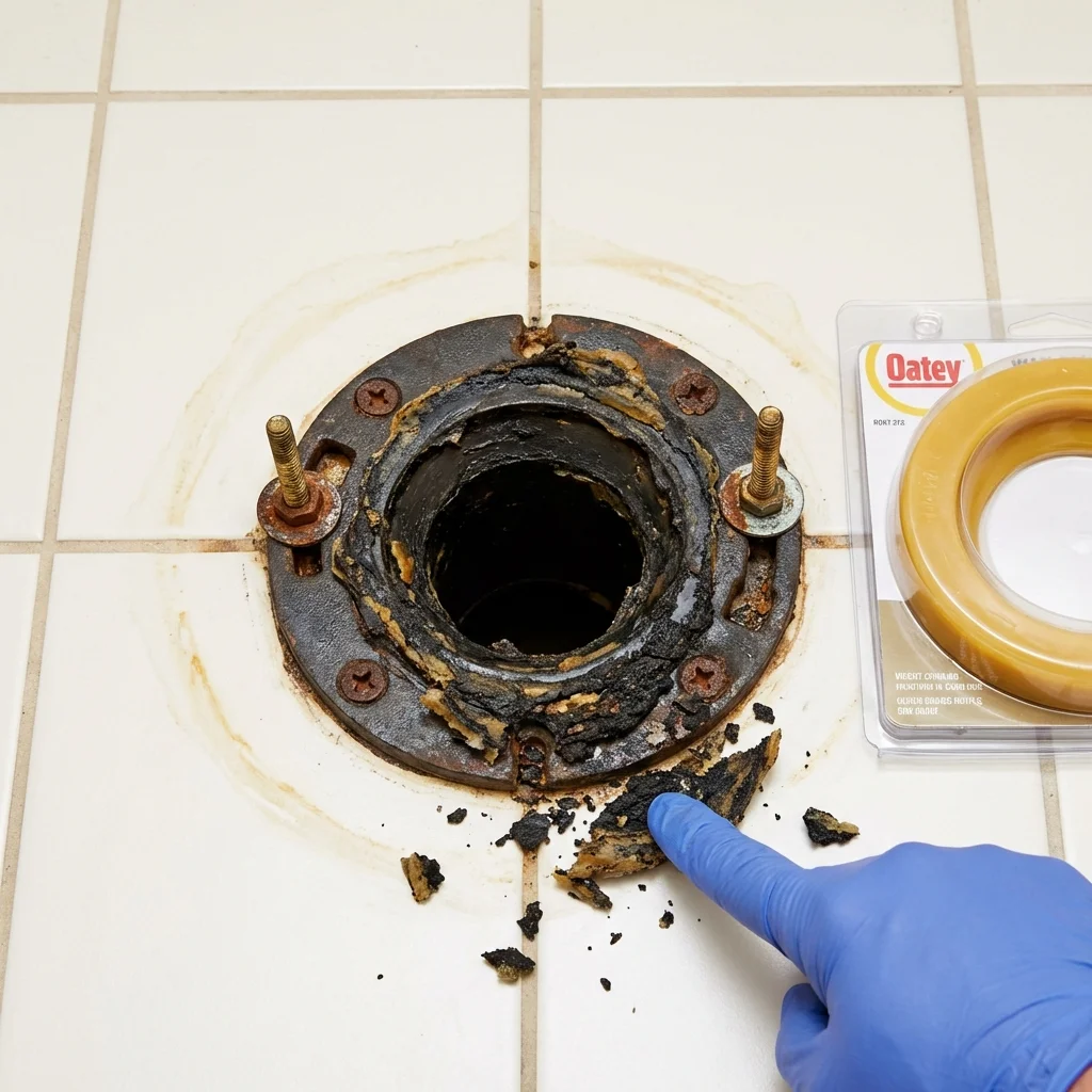 Failed wax ring showing water seepage at the base of a toilet in a Centerville, IA home
