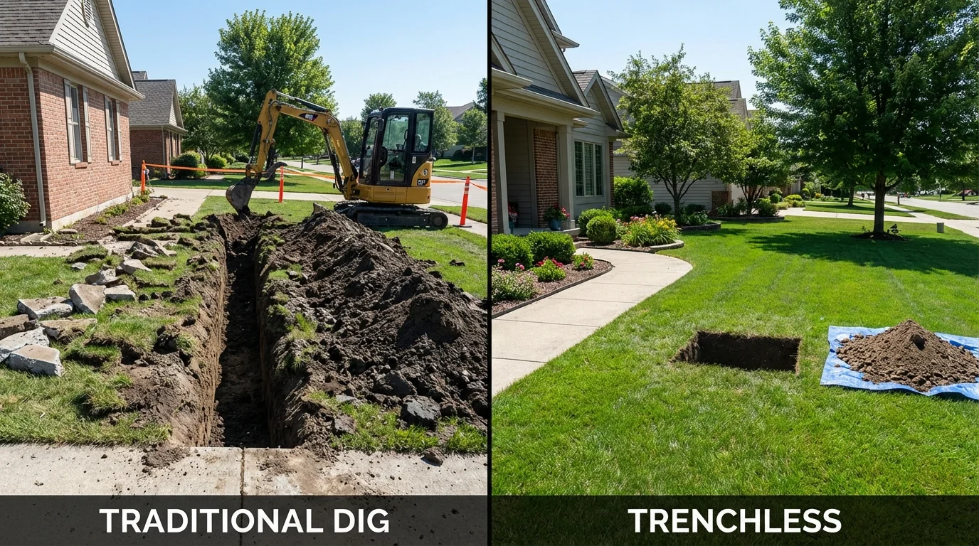 Trenchless sewer repair with minimal yard damage versus traditional excavation in Centerville, IA
