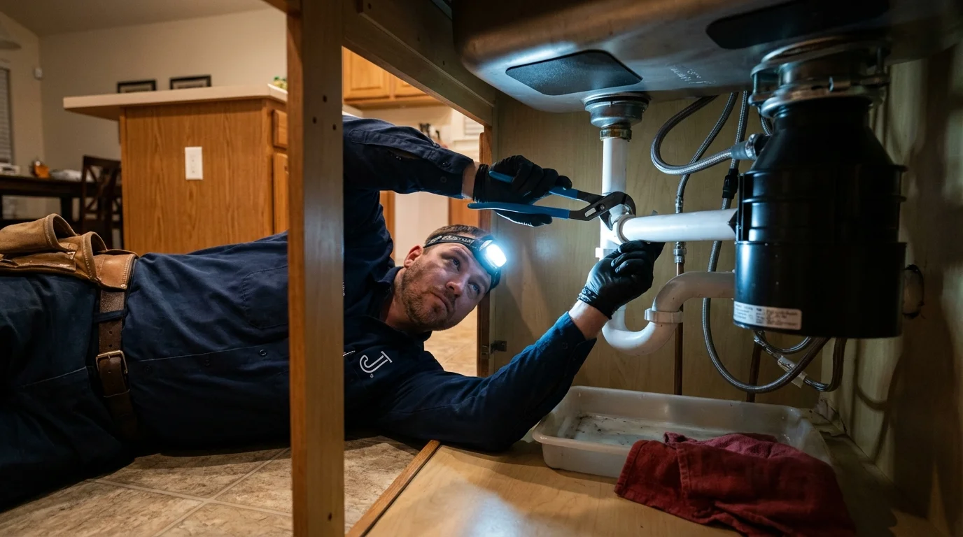 P-trap and supply line connections under a kitchen sink showing a common leak point in Centerville, IA